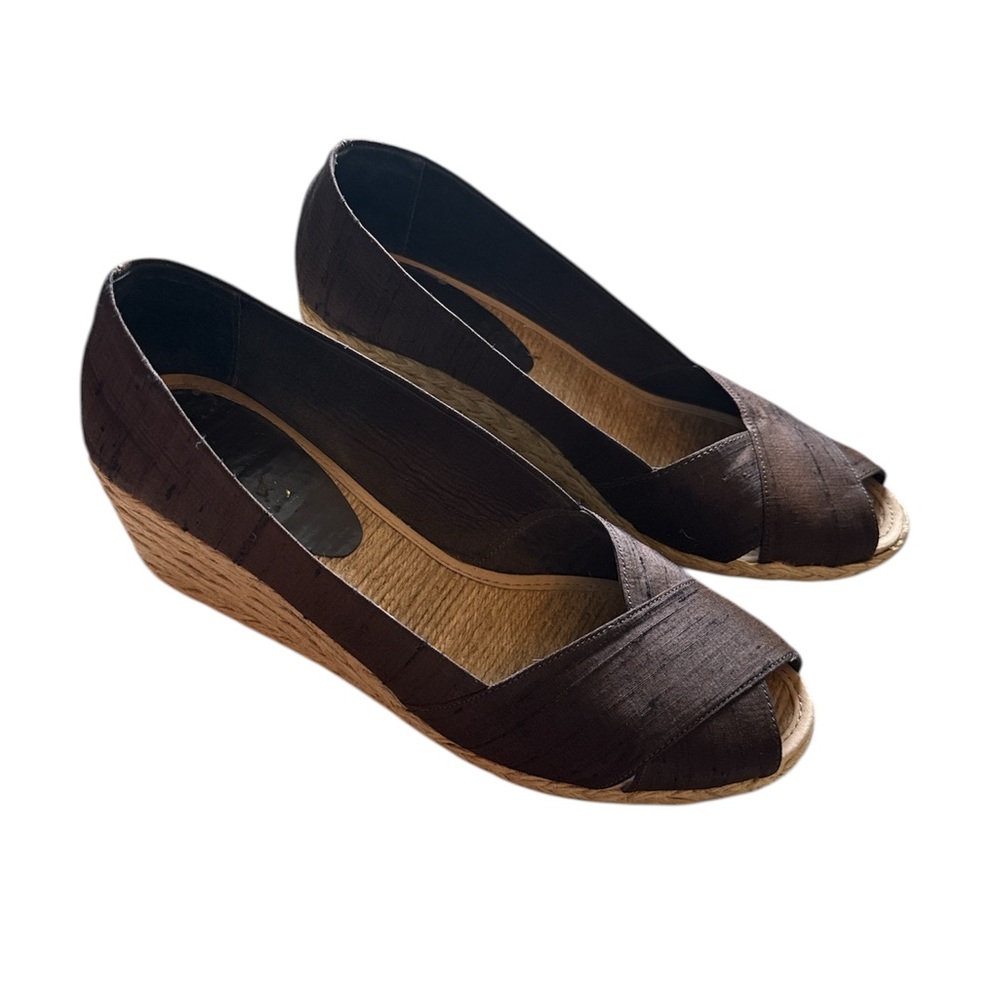Lauren Ralph Lauren Cecilia Dark Brown Shantung Espadrille Wedges Peep-Toe Shoes